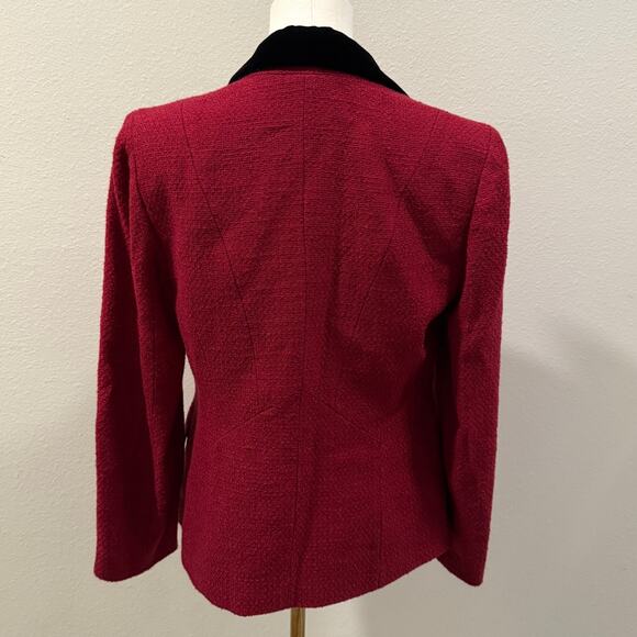 Anne Klein Burgundy Tweed Blazer Jacket Black Velvet Collar Women 6 Fall Office - Picture 2 of 8
